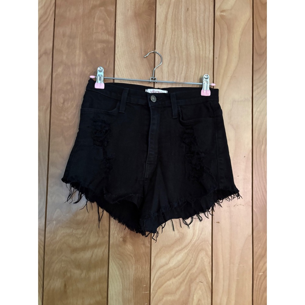 Vibrant MIU Womens Black Distressed Denim Shorts High Waisted Frayed Hem Size M